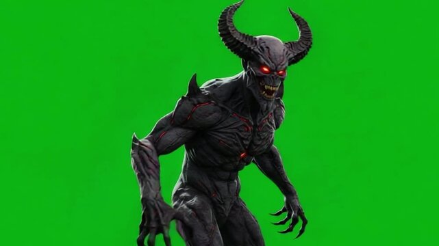 A Muscular Demon Creature with Horns Standing on a Green Screen