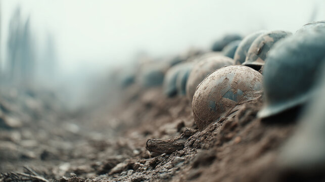 Military helmets stand in solemn row on desolate warzone battlefield, conveying loss - Powered by Adobe