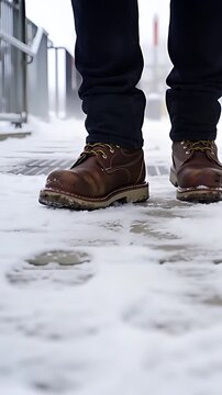 Low angle view of rugged work boots stepping from a subway exit onto a sidewalk blanketed in pristine, fresh white snow.