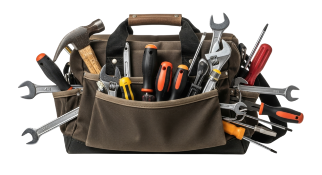 Brown Fabric Tool Bag with a Variety of Tools cutout isolated on transparent bg, png