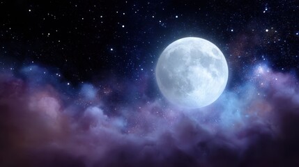 Fototapeta premium Full Moon Over Galactic Fog with Glittering Stars in Night Sky