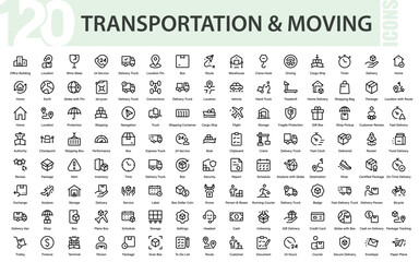 Line-style web icons for transportation and moving services.  Packing, loaders, collection, office relocation, and courier.  Pack of thin outline icons.
