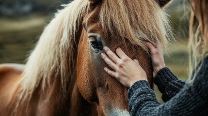 Close-up of a person's hands gently caressing a horse's face.