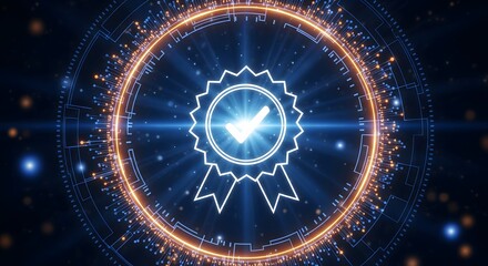A glowing digital seal of quality and certification. A modern icon representing approved standards, security, guarantee, and trusted service in a tech concept.