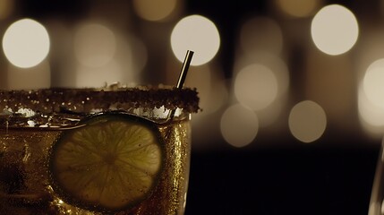 Mirrorless 50mm lens, sharp focus on lime slice resting on cocktail rim, blurred sparkling liquid glowing under light