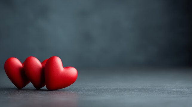 Three red heart symbols convey passionate love and romance on dark background with space