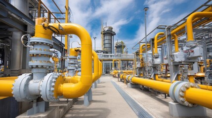 Industrial Gas Plant with Pipelines and Valves Under Blue Sky