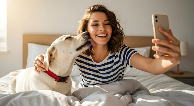 A happy woman taking a selfie with her labrador dog in bed, capturing a moment of love and friendship at home - Powered by Adobe