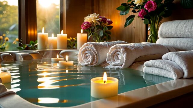 Luxury spa interior with hot tub water surrounded by candles flowers and rolled towels creating relaxing atmosphere