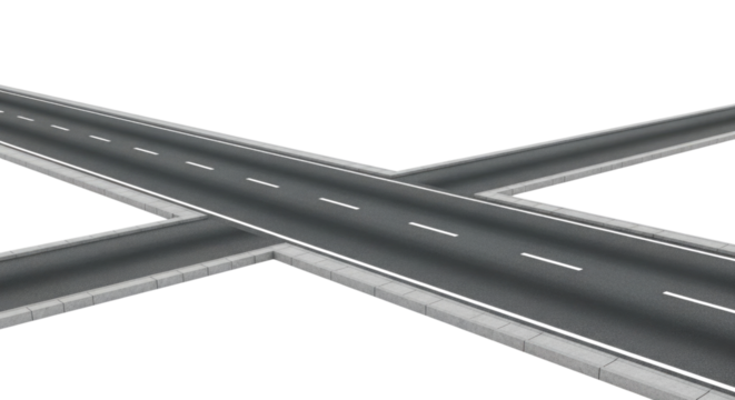 Road Intersection with White Dashed Lines cutout isolated on transparent bg, png