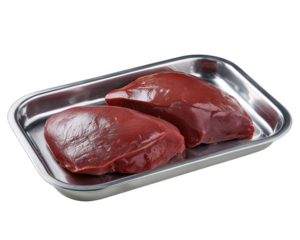 Fresh raw liver organ on shiny silver tray, isolated on transparency background, commonly used for biology teaching, anatomy study, or culinary preparation, realistic and detailed