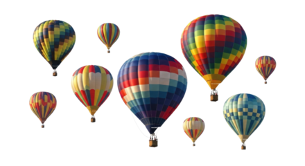 Collection of Colorful Hot Air Balloons Floating in the Sky cutout isolated on transparent bg, png