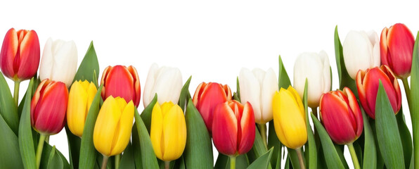 Fototapeta premium Row of Red Yellow and White Tulip Flowers cutout isolated on transparent bg, png