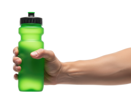 Hand Holding a Green Plastic Sport Water Bottle cutout isolated on transparent bg, png