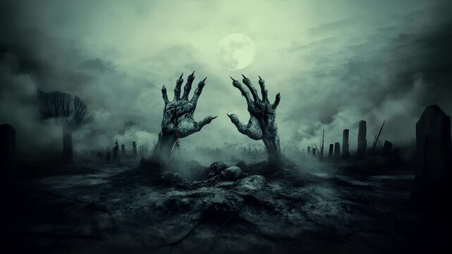 Halloween holiday decoration theme. A dark, eerie, and atmospheric digital artwork portraying a haunting scene with a large, menacing hand reaching out from the ground, surrounded by a misty.