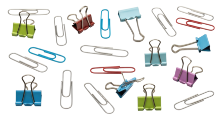Assortment of Colorful Binder Clips and Paper Clips cutout isolated on transparent bg, png