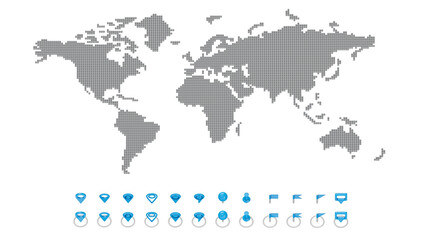 Global map with all pins, points, markers, goals, placemarks, labels, targets, and flags highlighted in blue. Set of elements for infographics, isolated on a transparent background. 3D illustration.