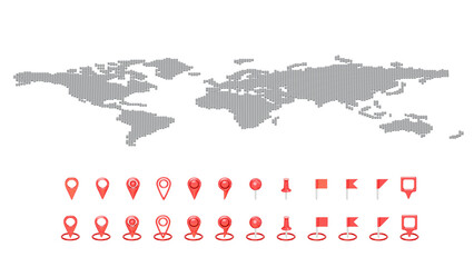World map featuring a set of red elements for info-graphics. All elements isolated on a transparent background. 3D illustration. © Orange Dragon Studio