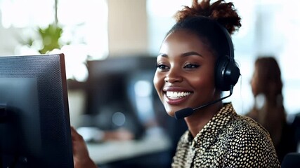 Customer support service representative agent. A closeup of a woman wearing a headset, smiling at the camera. She is wearing a patterned blouse and has a microphone attached to her neck. - Powered by Adobe