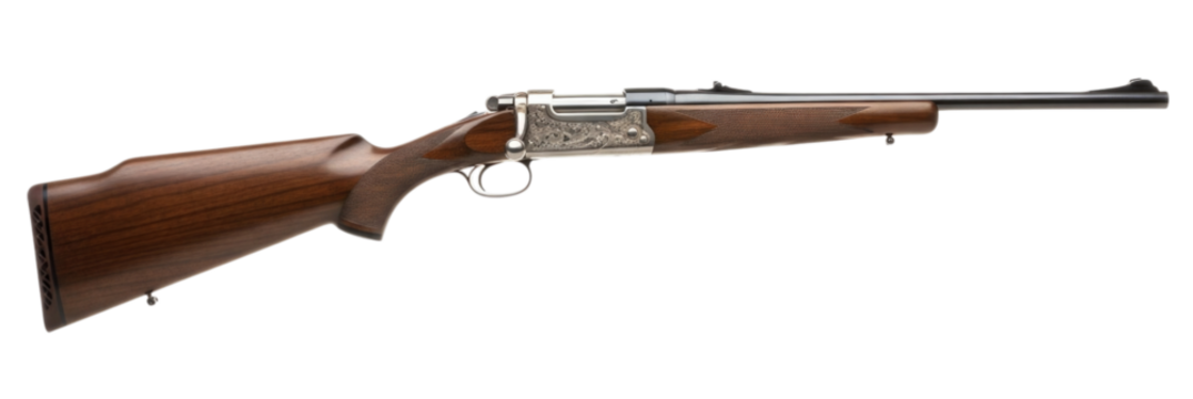Vintage Engraved Wooden Rifle Gun with a Metal Receiver cutout isolated on transparent bg, png