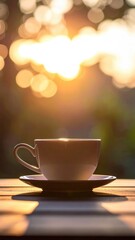 Fototapeta premium Serene moments: A cup of coffee bathed in the warm embrace of golden sunlight