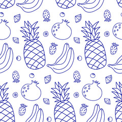 Fruit pattern featuring pineapples, bananas, pomegranates, strawberries, and citrus on a simple white background