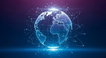 Fototapeta premium Digital global network connecting the world with bright lights and particles
