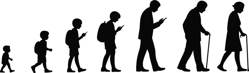 Human life evolution with mobile phone, childhood to old age, technology addiction concept, people timeline silhouette, digital lifestyle illustration