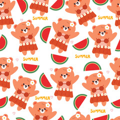 cute cartoon bear with Hawaiian outfit and cartoon watermelon seamless pattern. cute summer vibe pattern for gift wrap paper