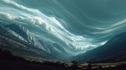 Distorted Mountain Landscape with Gravity Waves Over Valley