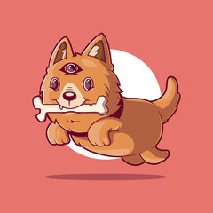 Three-Eyed Cool Dog Jumping with Bone vector illustration. Animal, pet design concept.