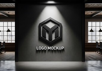Modern 3d logo mockup displayed on a textured concrete wall in a contemporary office interior with spotlight illumination