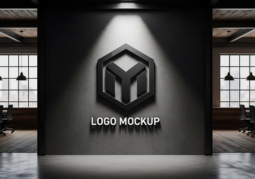 Modern 3d logo mockup displayed on a textured concrete wall in a contemporary office interior with spotlight illumination