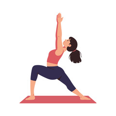 A woman in active yoga pose, stretching arms upwards, on a red mat