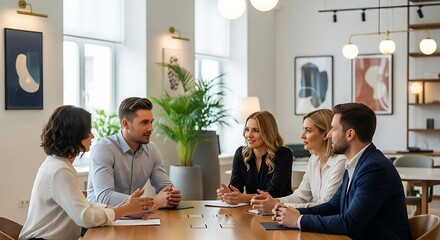 Five diverse business professionals collaborating in a modern office meeting, discussing strategies and ideas.