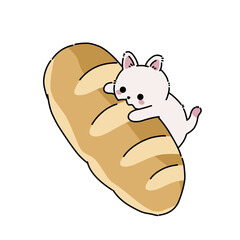 Cat with baguette bread vector cartoon illustration art.
