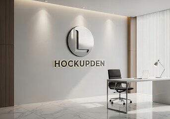 Modern office interior with a prominent metallic logo on the wall, featuring a desk and chair, creating a professional business environment
