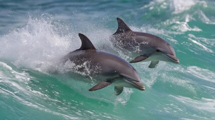 Obraz premium Happy Dolphins Jumping in Crystal Clear Ocean Waves