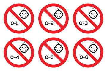 Age Restriction Warning Signs. Not Suitable for Children 0-1 Years, 0-2 Years, 0-3 Years,0-4 Years, 0-5 Years And 0-6 Years. Age warning sign indicating the toy or product is not suitable for children
