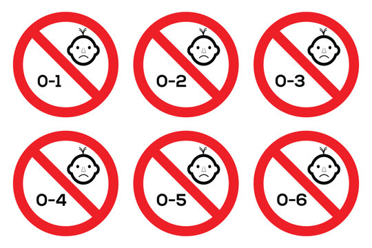 Age Restriction Warning Signs. Not Suitable for Children 0-1 Years, 0-2 Years, 0-3 Years,0-4 Years, 0-5 Years And 0-6 Years. Age warning sign indicating the toy or product is not suitable for children