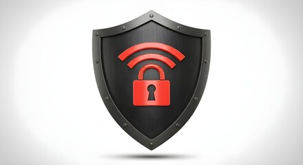 Padlock symbol with wifi signal on shield for cyber security on white background