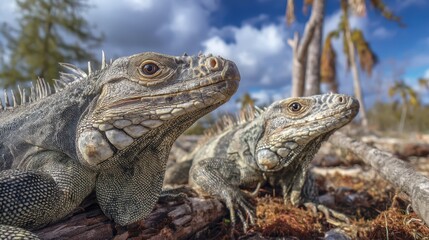 Fototapeta premium Two Iguanas Enjoying Sunbathing in the Wild under Blue Sky