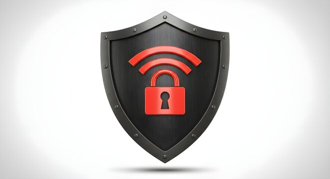 Padlock symbol with wifi signal on shield for cyber security on white background
