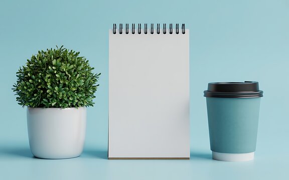 Minimalist desk setup with a potted plant notepad and coffee cup