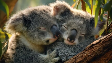 Naklejka premium Happy Koalas Cuddling on Eucalyptus Trees in a Natural Setting