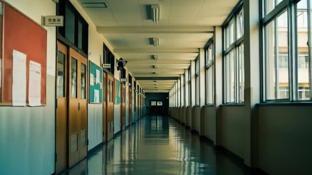 Empty School Hallway Long Perspective View with Doors and Windows Reflective Floor.