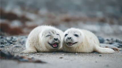 Cute Happy Seal Pups Sitting Together on a Beach in Soft Light