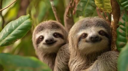 Naklejka premium Two Happy Sloths Relaxing on Tropical Trees in Rainforest Environment