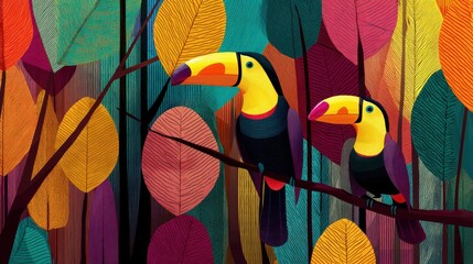 Colorful Toucans Perched on Vibrant Trees in Lush Jungle Scene