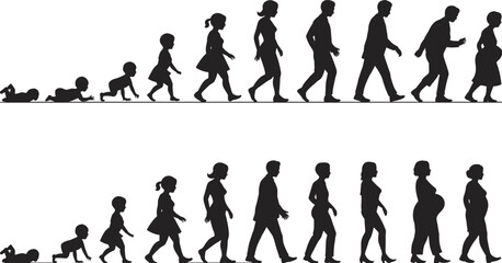 Silhouette of human life evolution, male and female growing from baby to old age, aging concept, pregnancy, timeline vector illustration